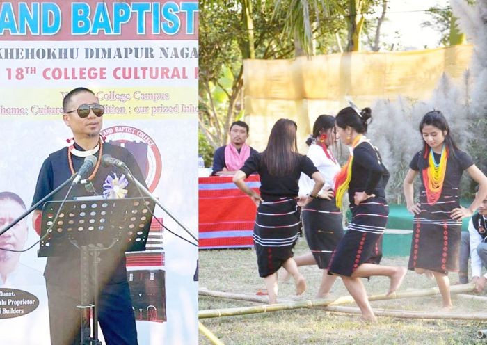 (Left) Howoto Jakhalu address the students of Nagaland Baptist College at its 18th college cultural fest on February 5. (Right) Students presenting a cultural dance.